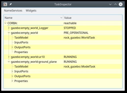 Components exported by a Gazebo instance under Rock